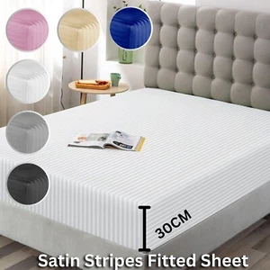 100% P Cotton Satin Stripe Fitted Sheet Hotel Quality Double Bed Mattress Cover - Picture 1 of 43