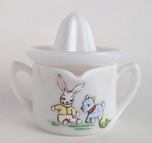Hard to Find FENTON  -Rabbit and Plaid Dog - Opal Glass Reamer Enamel Decoration - Picture 1 of 9