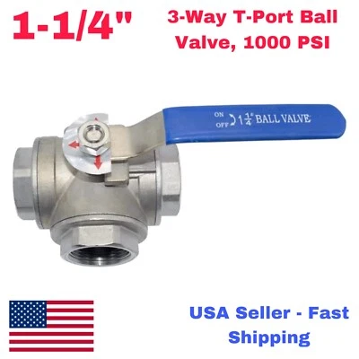 1-1/4” 3-Way T-Port Ball Valve, Stainless Steel, NPT Threaded, 1000PSI - Image 1 of 4