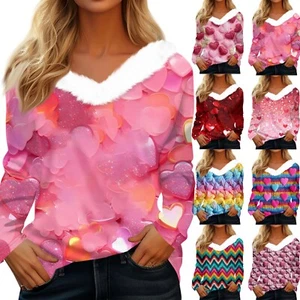 Women's Valentine Love Printed Long Sleeve Shirt V-neck Casual Loose T-shirt Top - Picture 1 of 36