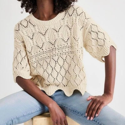 NEW Size Large Spendid Diletta Short Sleeve Natural Beige Knit Scalloped Sweater - Image 1 of 4