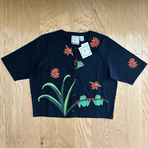 Neu mit Etikett Vintage Michael Simon Lite schwarz Knopfleiste Oberteil Frösche Blumen 100 % Baumwolle Perlen L - Bild 1 von 14