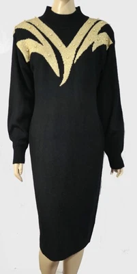 Vestido lápis suéter vintage anos 90 Betsy Lauren dourado metálico frisado G - Imagem 1 de 4