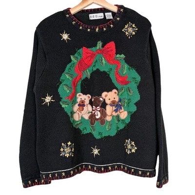 B.P. Design Vintage Black Christmas Sweater Wreath Teddy Bears XL Cottagecore - Image 1 of 4