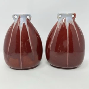 Vintage Beligum 2119 Art Pottery Vase Pair Red Drip Glaze Ceramic MCM - Picture 1 of 18