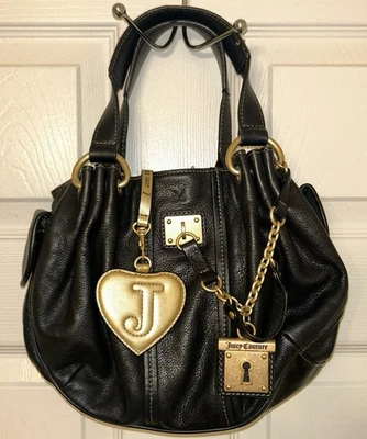 Bolso Cartera Boho JUICY COUTURE Negro Piel de Vaca Corazón Espejo Llave Dije Y2K Foto 1 de 4