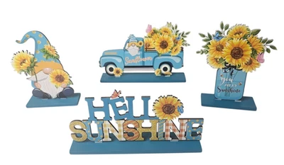 Lot of 4 Wooden Sunflowers Gnome Truck Decor Stand Signs Blue Home Decor Table - Image 1 of 4