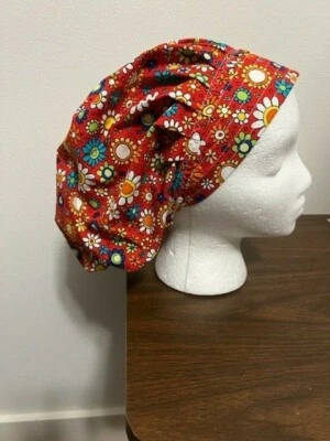 MULTICOLORED FLOWERS ON  BOUFFANT SURGICAL NURSES SCRUB HAT, CHEMO, TECH - Image 1 of 2