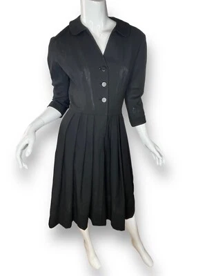 Vintage 1940's Leonard Arkin Black Wool Dress Gussets Pockets Historic - Image 1 of 4
