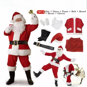 7Pcs Santa Claus Costume Father Outfit Christmas Flannel Suit Mens Fancy Dress - Picture 1 of 13