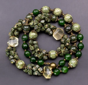 Olive green necklace long, large serpentine stone bead necklace, handmade jewels - Picture 1 of 16