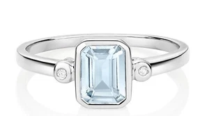 Real Aquamarine and Diamond Ring Solid White Gold Emerald Cut Solitaire Size J-Q - Picture 1 of 4