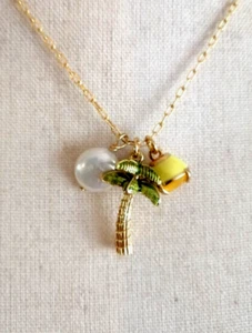 NWT J.CREW BEACHY CHARM NECKLACE Green PALM TREE FRESHWATER PEARL YELLOW STONE - Picture 1 of 3