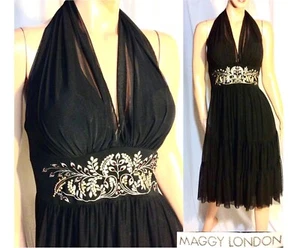 $138 Black Plunge Neck Halter Embroidered Layered Gypsycore Chiffon Dress~4~NWOT - Picture 1 of 12