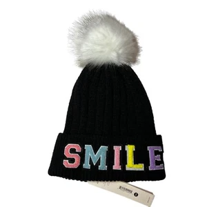 Aqua Pom Pom Smile Knit Hat New - Picture 1 of 5