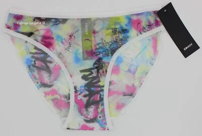 NWT DKNY DK5086 "Logo" Mid-Rise, Mesh Bikini, White w/Multicolor Print (I140Y) - Image 1 of 4