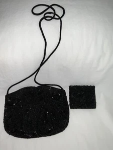 Abend-Umhängetasche schwarz mit Perlen und passender Geldbörse leichter Auffang Bechamel - Bild 1 von 9
