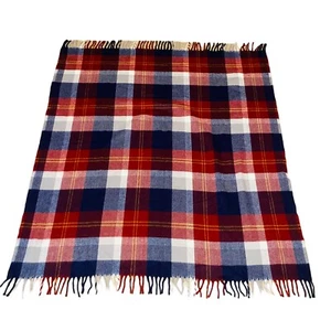 FARIBO Camp Stadium Lap Throw Blanket Red Blue Cream Plaid 100% Acrylic Fringed - Picture 1 of 3