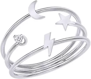 Natural Round Diamond Accent Lightning Bolt, Moon & Star 3 Band Ring Sterling - Picture 1 of 8