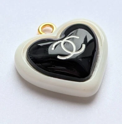 Chanel Button Heart RESIN White Black logo Stamped Zipper Pull 20 mm - Image 1 of 3