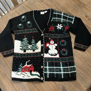 Vintage Nussknacker Ugly Christmas Strickjacke Pullover Schneemann Bäume Haus - Bild 1 von 10