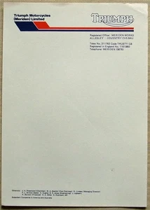 Triumph Motorcycles (Meriden) Limited Company Briefkopf A4 Papier - Bild 1 von 2