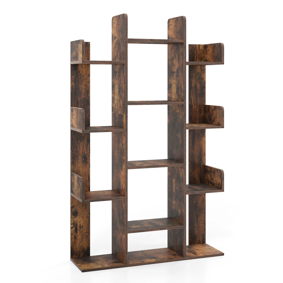 Costway Bookshelf 3-Shaped Bookcase w/13 Storage Shelf Rustic Industrial Style