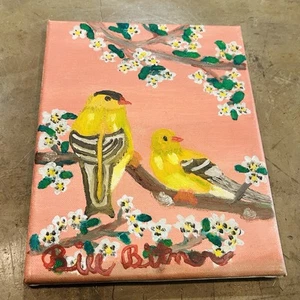 Pintura Acrílica Pinzones Dorados Rama Flor Firmada Cottagecore Gallery 10x8 - Imagen 1 de 9