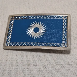 VTG 70s Blue Enamel Belt Buckle Silver Tone Guilloche Sunburst Rectangular Retro - Picture 1 of 3