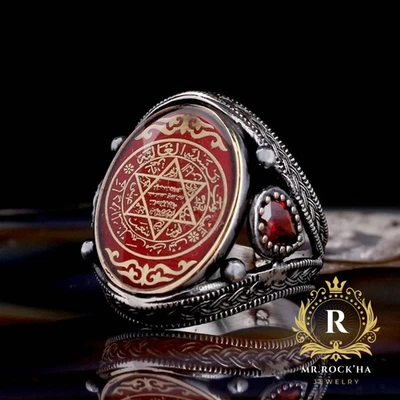 Seal of Solomon,Red Enamel,Red Zircon,Knitting Engraving,925 Silver Men's Ring - Image 1 of 4