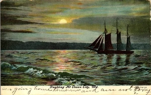 Vintage Postcard Yachting At Ocean City MD Sailboat Sailing Moonlight Moon 1907 - Picture 1 of 3