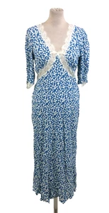 M&S Women's Dress Size 8 Blue & White Floral Lace Trim Neck S/Sleeve New F1 - Picture 1 of 11