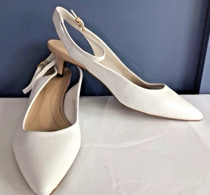 M&S White Leather Kitten Heel Sling Backs Ankle Buckle Strap Nude Heel UK 8 New - Picture 1 of 12