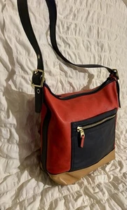 Preowned Vintage Coach Large Leather Handbag Cranberry Red , Blue and Tan - Picture 1 of 5