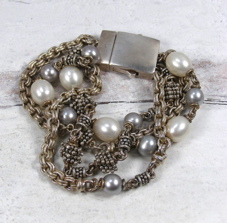 Brazalete grueso de cadena de perlas de plata esterlina de varios hilos Michael Dawkins Foto 1 de 4