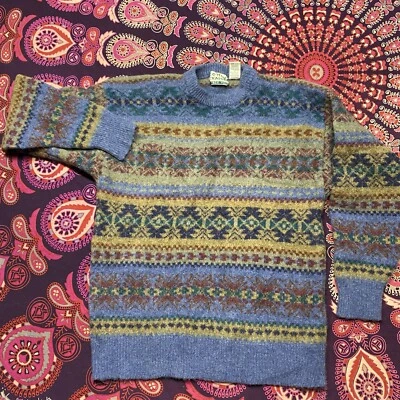 Suéter Vintage Algodón Comerciantes Para Hombres L Azul 100% Lana Tejido Nordic Fair Isle Foto 1 de 4