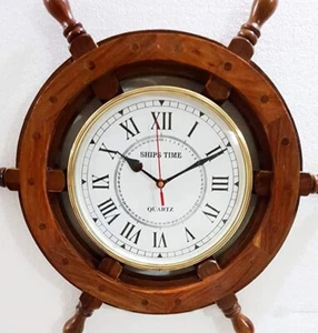 Antique Marine 18" Wooden Ship Wheel Clock Nautical Wall Clock Home Decor - Picture 1 of 5