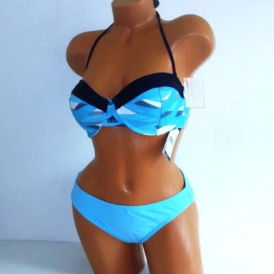 Conjunto de bikini Adidas Swim Bandeau Top XL-L parte inferior hipster azul logotipo superpuesto rayas Foto 1 de 4