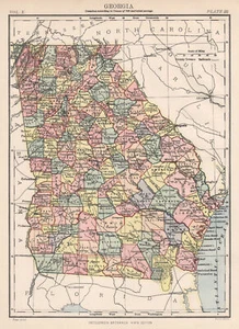 GEORGIA. Staatskarte. Landkreise/Eisenbahnen. Atlanta. Britannica 9. Auflage 1898 - Bild 1 von 2