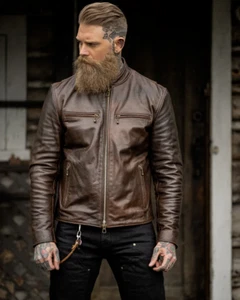 Men's Leather Jacket Biker Style Moto Real Lambskin Brown Leather Coat - Picture 1 of 5