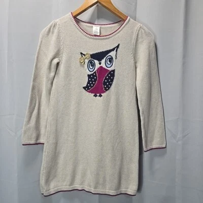 Gymboree Big Girls sz 10 Cream Sweater Dress With Lady Owl And Bow Pink Trim - Image 1 of 4