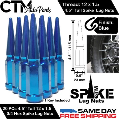 20 PIEZAS TUERCAS CHRYSLER 4.5"" DE ALTO AZUL 12X1.5 DE UNA PIEZA DE ACERO SÓLIDO + LLAVE Foto 1 de 2