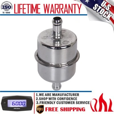 3/8" Chrome Fuel Filter InLine Hose Canister Carbureted High Flow For Chevy Ford Foto 1 de 4