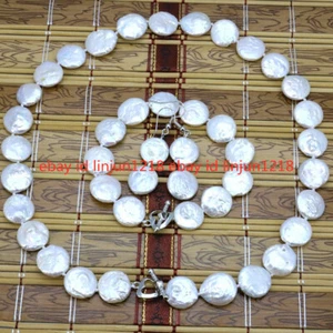 New 11-12mm White Coin Pearl Necklace Bracelet Earrings Set 18/7.5 in - Picture 1 of 12