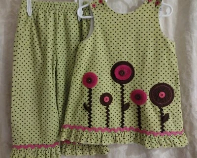 Bailey Boys Dress & Pants  Green Polka Dot Corduroy 3D Flowers Ric Rac Trim  4T - Image 1 of 4
