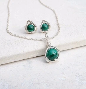 Green Malachite Necklace Set Sterling Silver Handmade May Birthstone Gift box - Picture 1 of 5