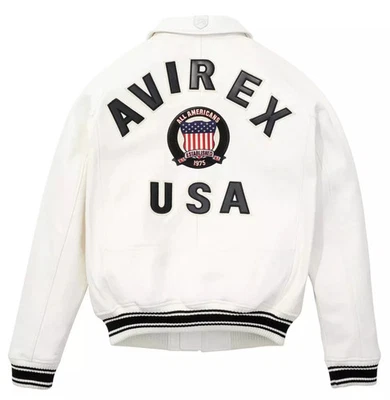Avirex USA White Leather Varsity Jacket All Americans 1975 Logo Patch Bomber Men - Imagen 1 de 4