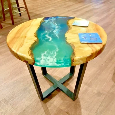 Ocean Wave Round Walnut Epoxy Resin Tabletop Custom Handmade Furniture - Image 1 of 4