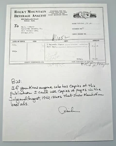 1940 MANHATTAN BREWING CO, ROCKY MOUNTAIN BEVERAGE ANALYST RECEIPT, NOTE FP161 - Picture 1 of 8