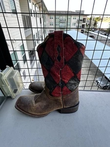 Tanner Mark Red Black Patchwork Cowboy boots Sz 6 Men’s 7.5 Women’s - Picture 1 of 8